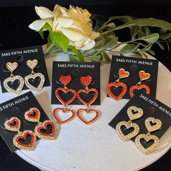 Saks Fifth Avenue Gold Tone Dangling Heart  Red Crystal Post Earrings 1.5in - Picture 5 of 12